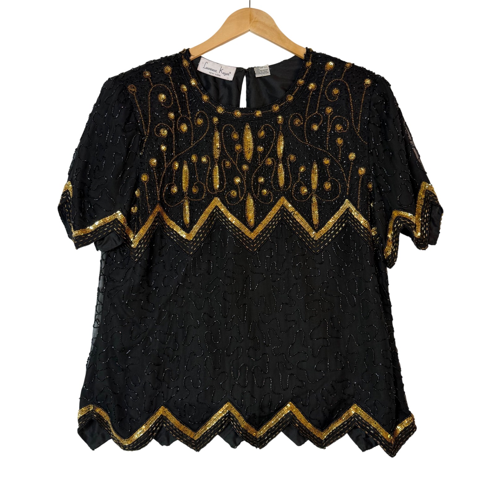 Laurence Kazar Womens Large Black Gold Beaded Sequin Silk Top Vtg Gatsby